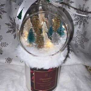 Christmas Velvet Holiday Candle with light up snow globe Festive Scene homemade